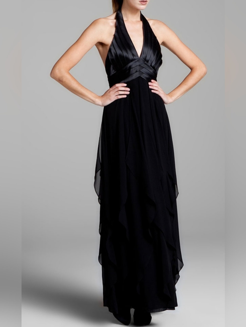 BCBGMaxAzria Satin Chiffon Ruffle Halter Black Tie Formal Evening Maxi Dress